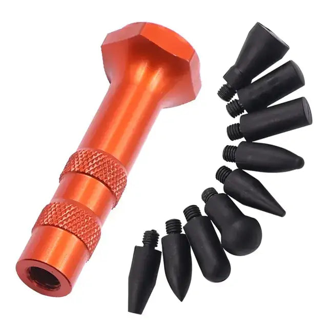 Orange aluminum hexagonal handle with textured grip and black rubber-tipped attachments.