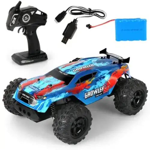 Blue and red ’growler’ remote-controlled off-road truck with black tires and a rugged, detailed body.