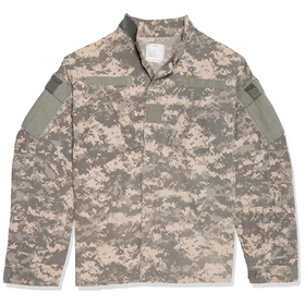A desert camouflage military-style shirt with a button-up front, reinforced shoulder patches, and tactical pockets.
