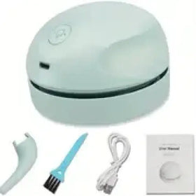 Light blue compact desktop vacuum cleaner with a sleek, rounded design and included cleaning tools.
