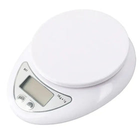 White digital kitchen scale with a smooth, rounded design and silver accent buttons.