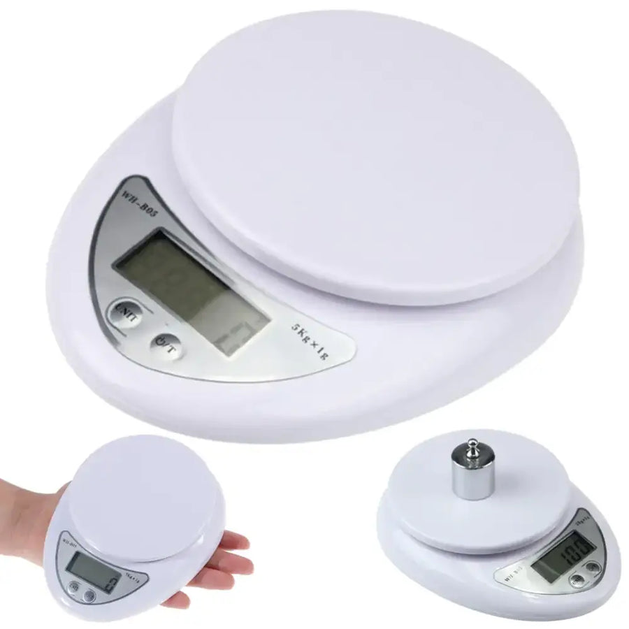 White digital kitchen scale with a circular weighing platform and silver accent panel displaying buttons for ’tare’ and ’on’.
