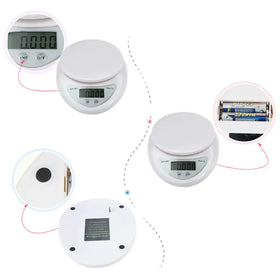 White digital kitchen scale with a round, compact design and a small lcd display.