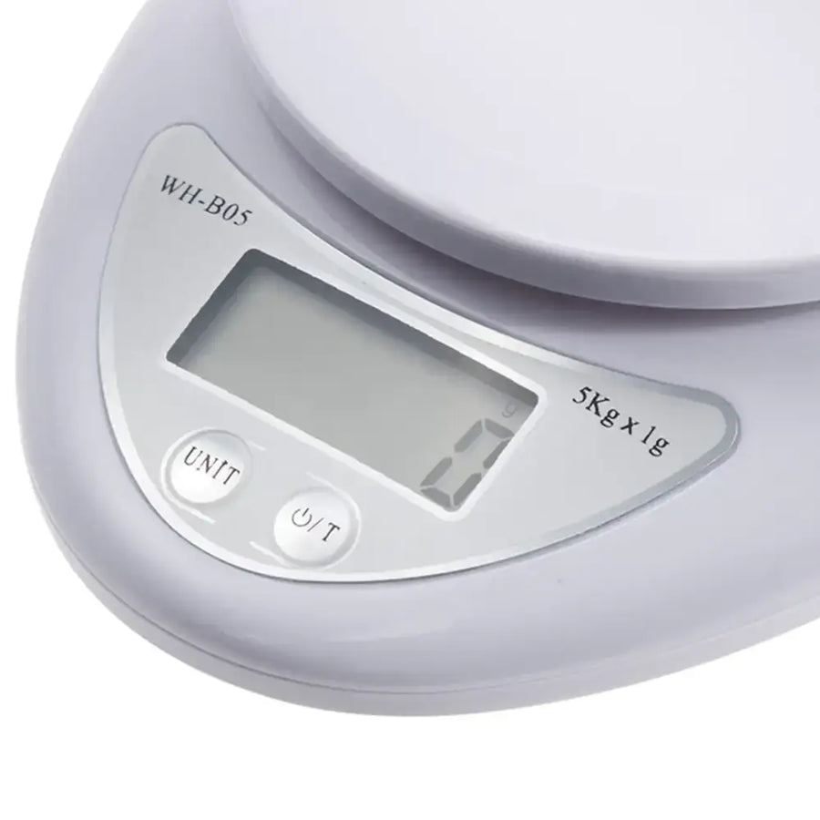 White digital kitchen scale with a sleek, rounded design and a clear lcd display showing weight measurements.