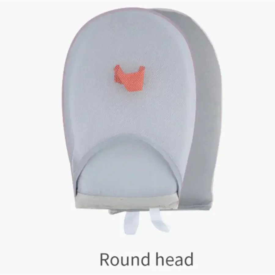Gray fabric baby sleep bag with a small orange embroidered detail on the front.