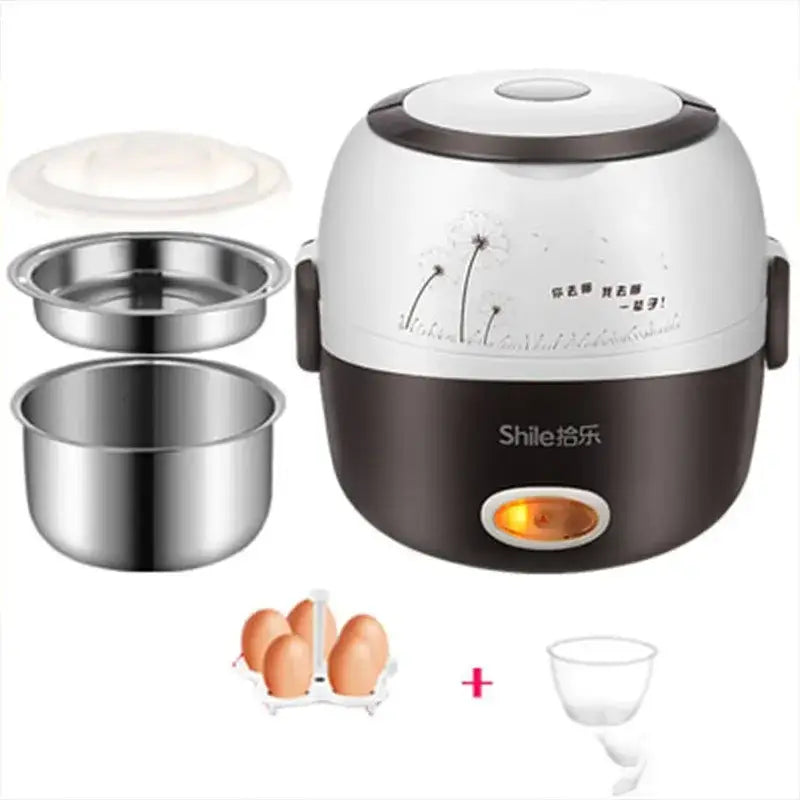 Brown and white electric rice cooker with dandelion design, featuring stainless steel inner bowls.