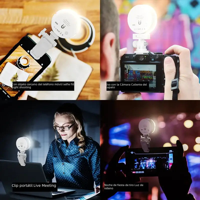 White circular ring light with a clip-on mount, designed for use with smartphones and cameras.