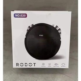 Black circular robot vacuum cleaner with a ’start’ button and white brush edge details.