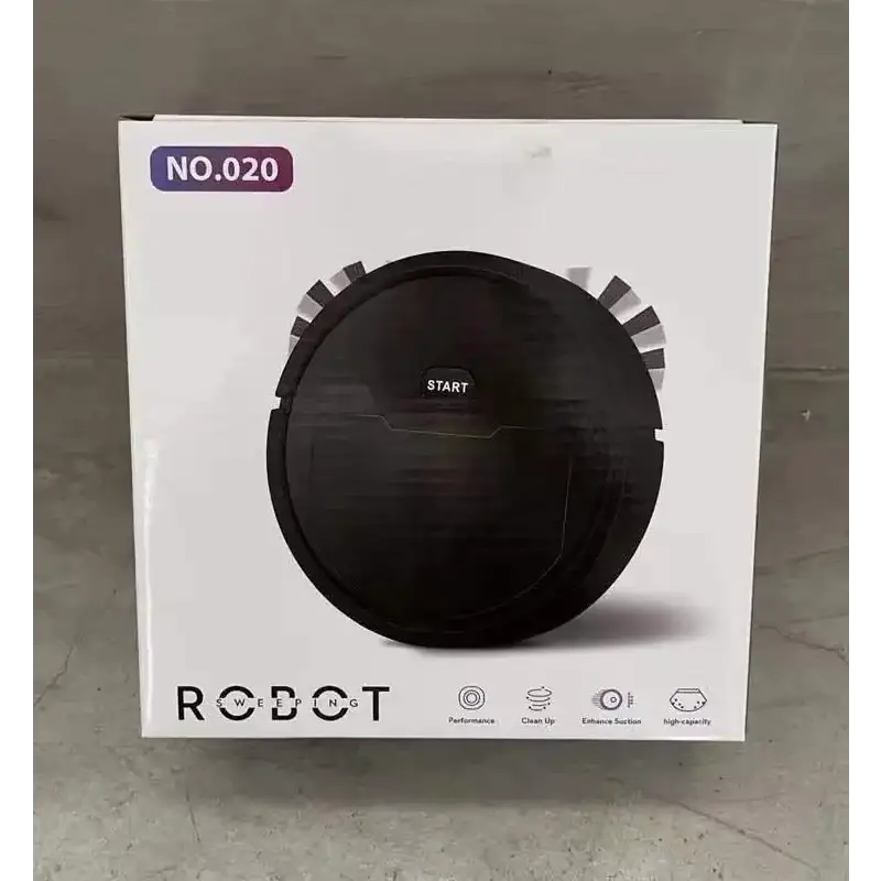 Black circular robot vacuum cleaner with a ’start’ button and white brush edge details.