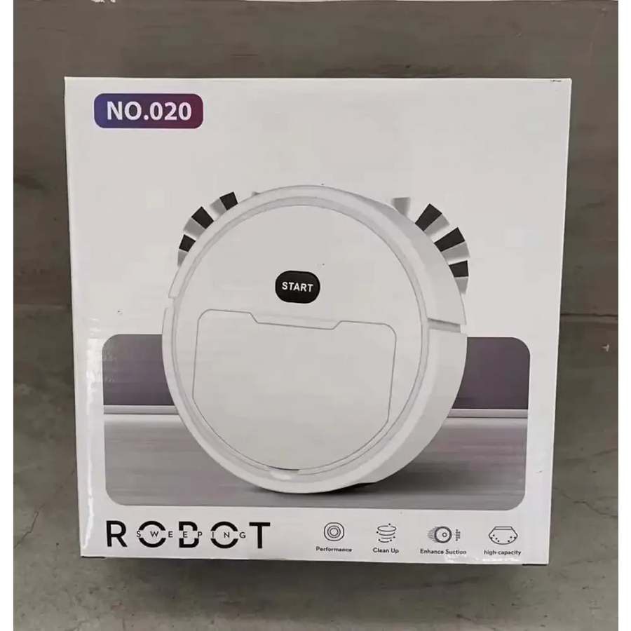 White circular robot vacuum cleaner with black accents and a central ’start’ button.