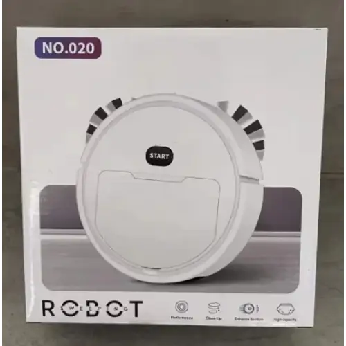 White circular robot vacuum cleaner with black accents and a ’start’ button on the front.