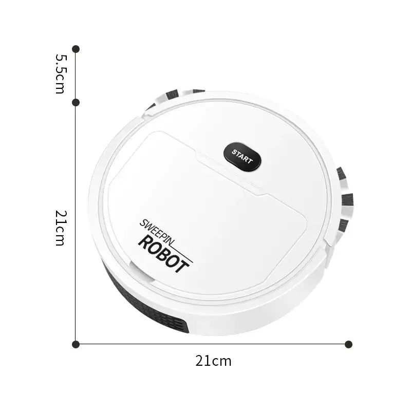 White circular robotic vacuum cleaner with black ’start’ button and ’sweepin robot’ branding.