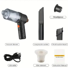 Black handheld usb vacuum cleaner with a transparent dust collection chamber and textured grip.