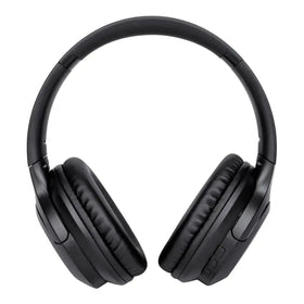 Black over-ear wireless headphones with padded earcups and a sleek, minimalist design.