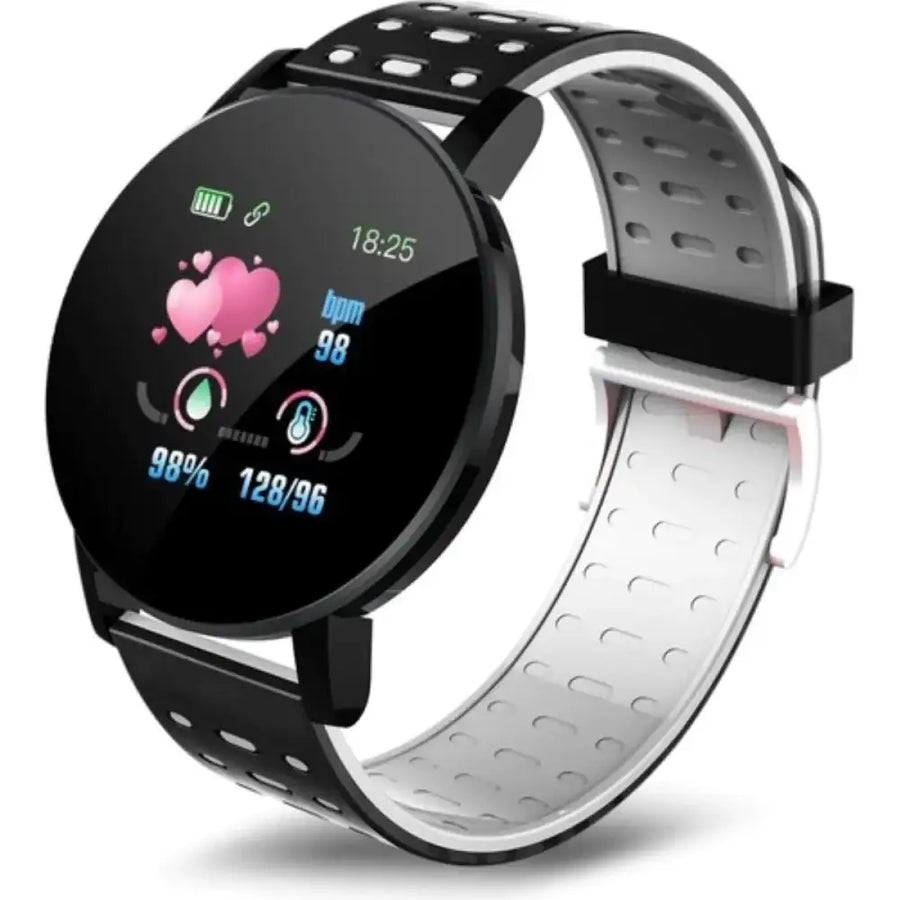 Black and white perforated sport smartwatch with a circular touchscreen displaying heart rate, battery level, and blood pressure readings.