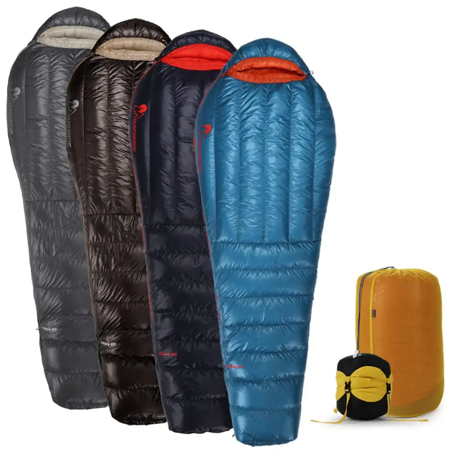 Blue quilted sleeping bag with orange-lined hood and red logo, shown alongside other color options.