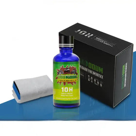 Blue glass bottle of mud-o-armor 10h nano mint protection car coating with green and yellow label.