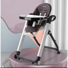Brown and black ivolia brand baby high chair with a sleek, modern design featuring padded seating, adjustable tray, and wheels for mobility.