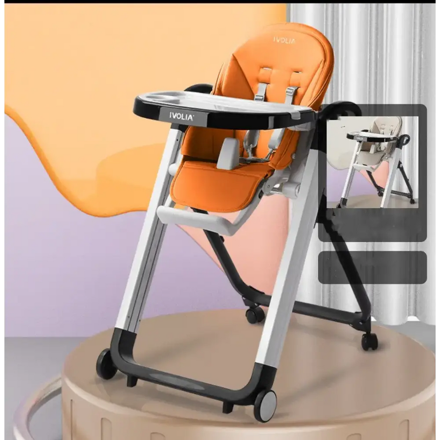 Orange upholstered high chair with black and silver metal frame, featuring a tray and wheels.