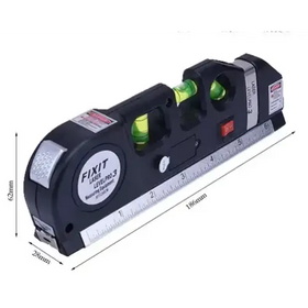 Black plastic fixit laser level pro 3 with green liquid-filled vials and a built-in ruler.