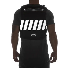 Black reflective vest with white horizontal stripes and a small logo on the lower back.
