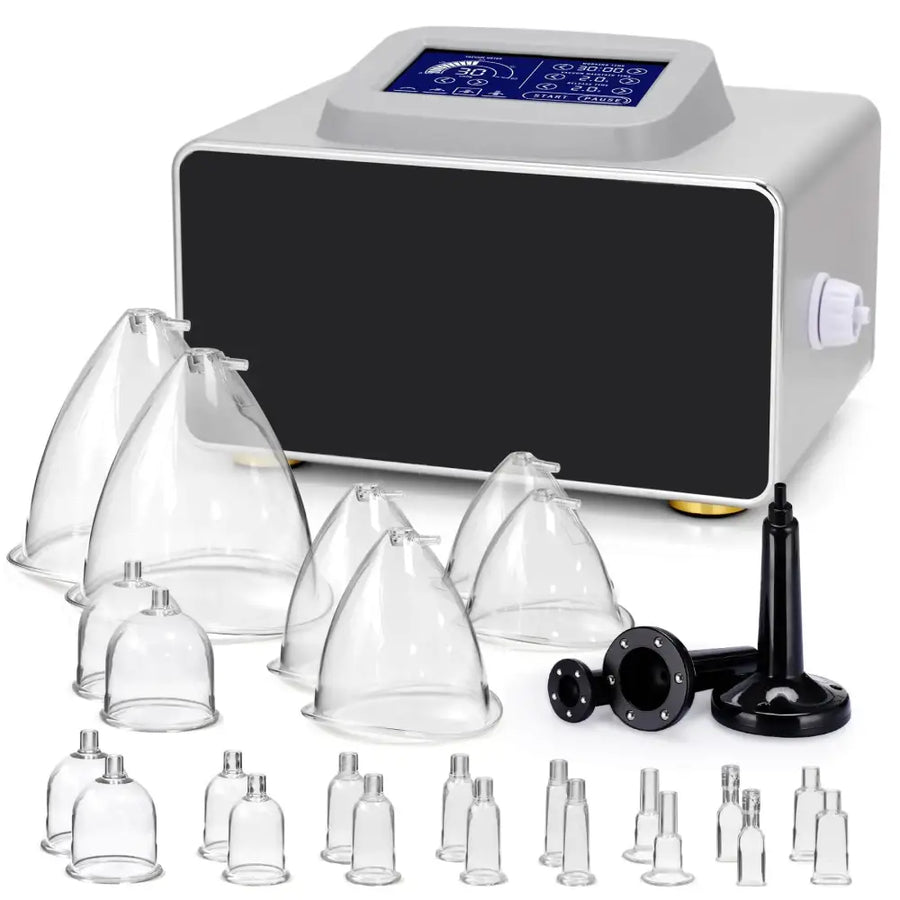 Silver and black digital vacuum suction device with clear glass cups of varying sizes.