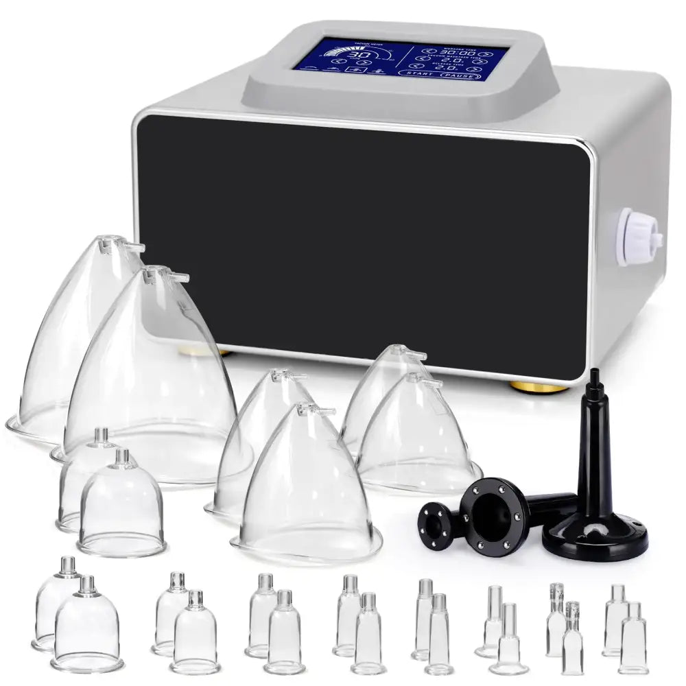 Silver and black digital vacuum suction device with clear glass cups of varying sizes.