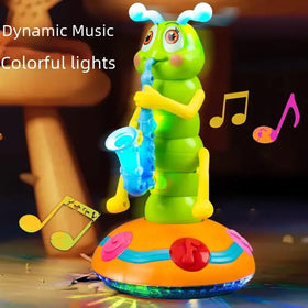 A green and yellow caterpillar toy with blue antennae, holding a glowing blue saxophone on an orange base that features colorful buttons.