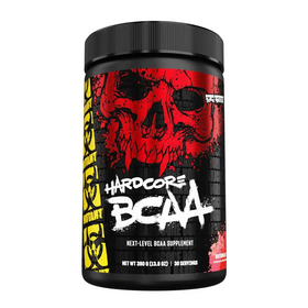Black cylindrical container with a bold red and black skull graphic, yellow biohazard symbols on the side, labeled ’hardcore bcaa’ in white graffiti-style lettering.