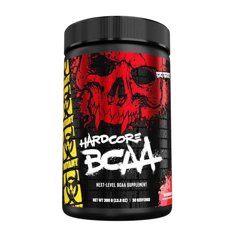 Black cylindrical container with a bold red and black skull graphic, yellow biohazard symbols on the side, labeled ’hardcore bcaa’ in white graffiti-style lettering.