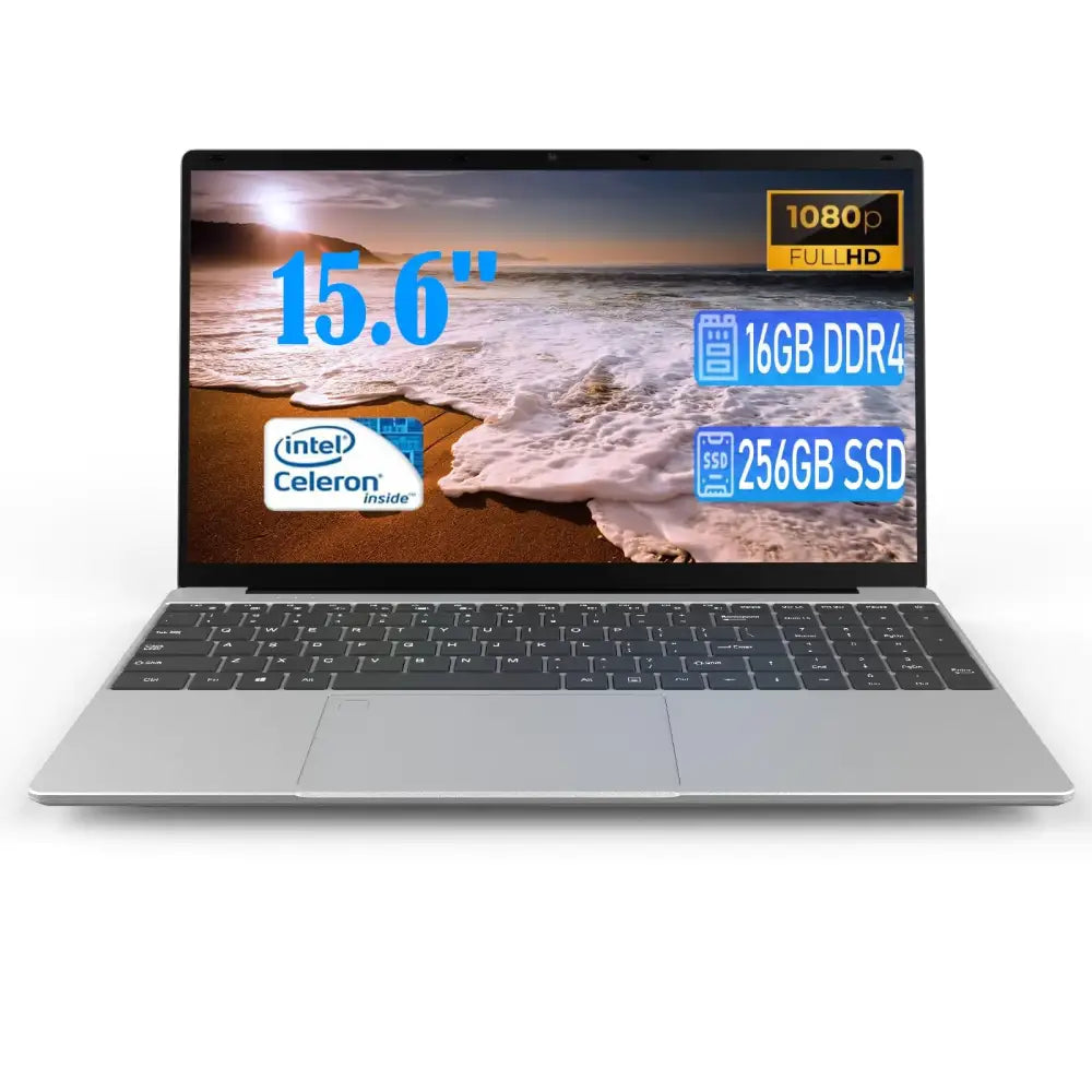 Silver 15.6-inch laptop with a sleek, minimalist design featuring an intel celeron processor and 256gb ssd storage capacity displayed on its screen.
