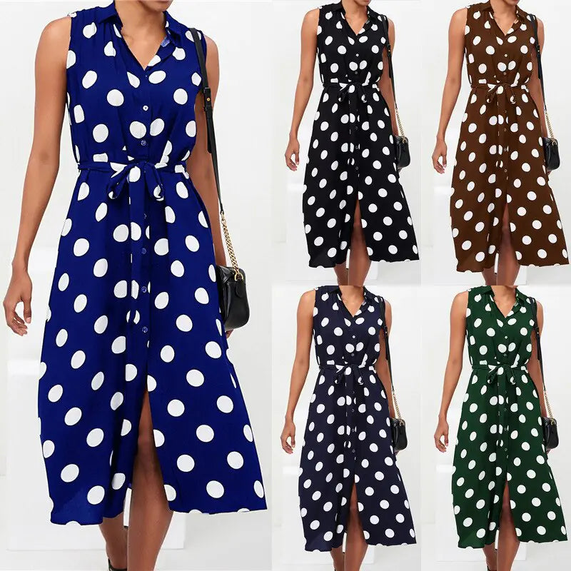 Polka Dot High Waist Chiffon Dress - Joomcy