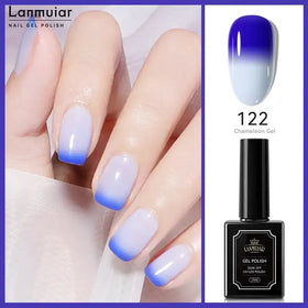Lanmuiar 122 chameleon gel nail polish in a sleek black bottle with a gradient blue-to-white finish.