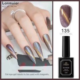 Lanmuiair 135 cat eye gel polish in a sleek black bottle with gold and purple shimmering finish.