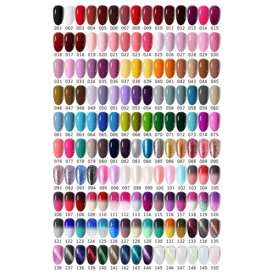 A vibrant array of 150 nail polish shades, featuring solid colors, glitter finishes, metallics, and gradient effects in a neatly organized grid.