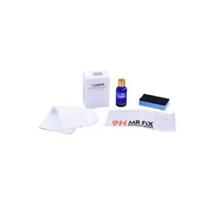 The image shows a set of car detailing products, including a white box labeled ’mr fix,’ a small blue bottle with a gold cap containing 9h glass cleaner or polish, and a black-and-blue microfiber cleaning pad.