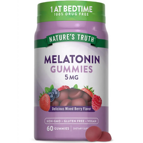 Purple and green labeled bottle of nature’s truth melatonin gummies, 5mg, mixed berry flavor.