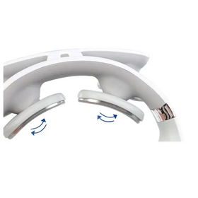 White plastic neck massager with silver metallic accents and curved, adjustable massage pads.