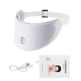 White plastic eye mask with adjustable strap and a circular logo on the front.