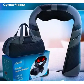 Black quilted leather shiatsu neck massager with red led lights and control buttons.