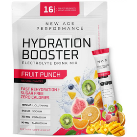 White and red pouch of new age performance hydration booster electrolyte drink mix in fruit punch flavor, featuring vibrant fruit imagery on the packaging.