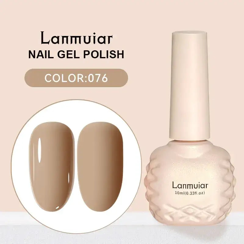 Lanmuiar nail gel polish in a 10ml bottle with a textured, matte beige body and matching cap.