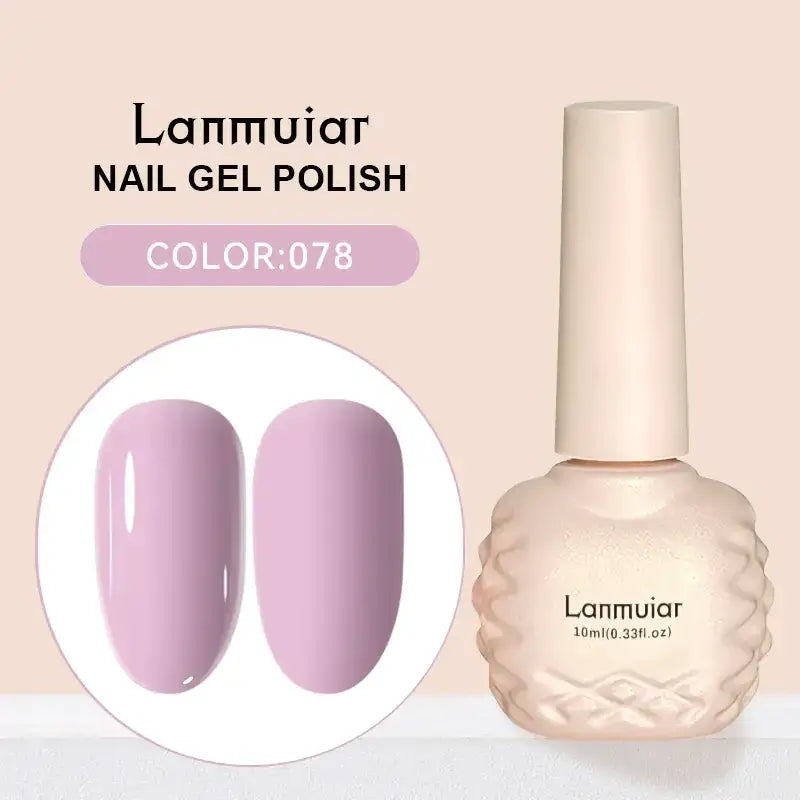 Lanmuiair nail gel polish in a 10ml bottle with an ornate, textured beige body and matching cap.