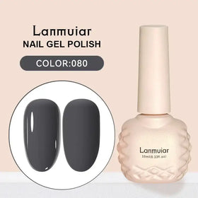 Lanmuiar nail gel polish in a 10ml bottle with an embossed textured body and matching cap, featuring color #080—a sleek, glossy dark gray shade.
