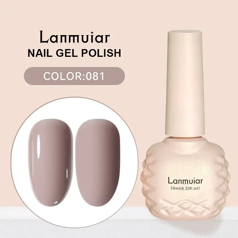 Lanmuiar nail gel polish in a 10ml bottle with an elegant, textured beige body and matching cap.