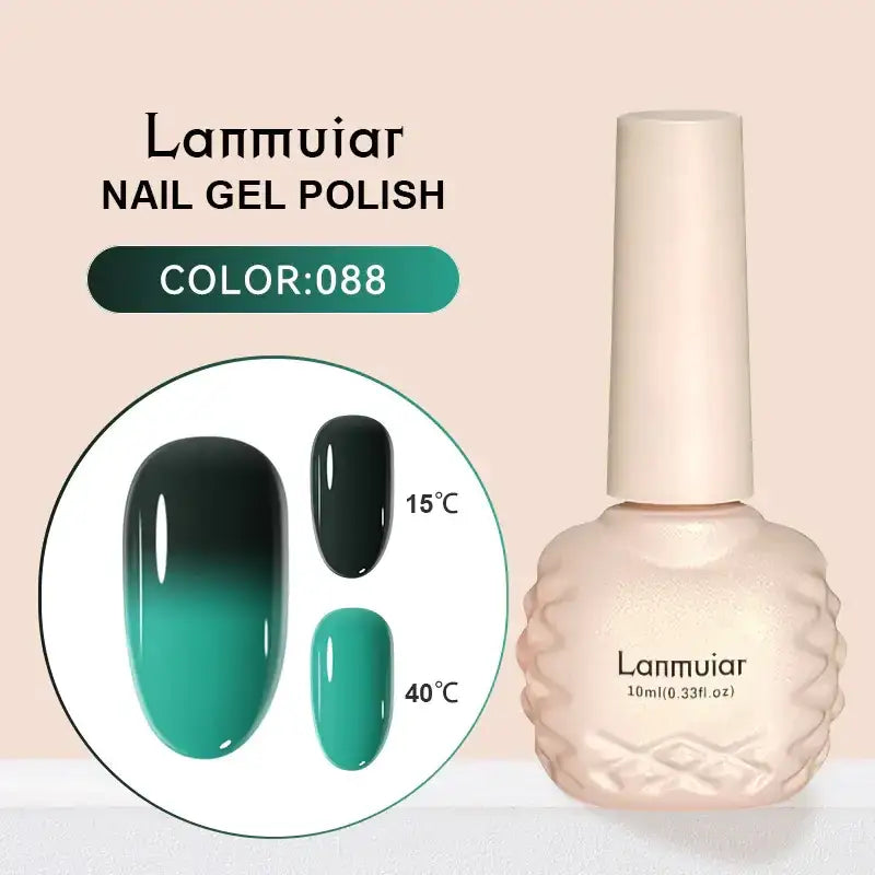 Lanmuiar nail gel polish in a 10ml bottle with a textured, cream-colored body and cap.