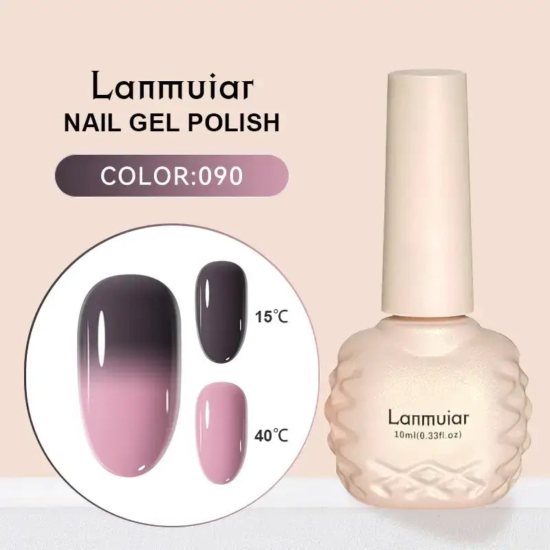 Lanmuiar nail gel polish in a 10ml bottle with an off-white, textured glass body and matching cap.