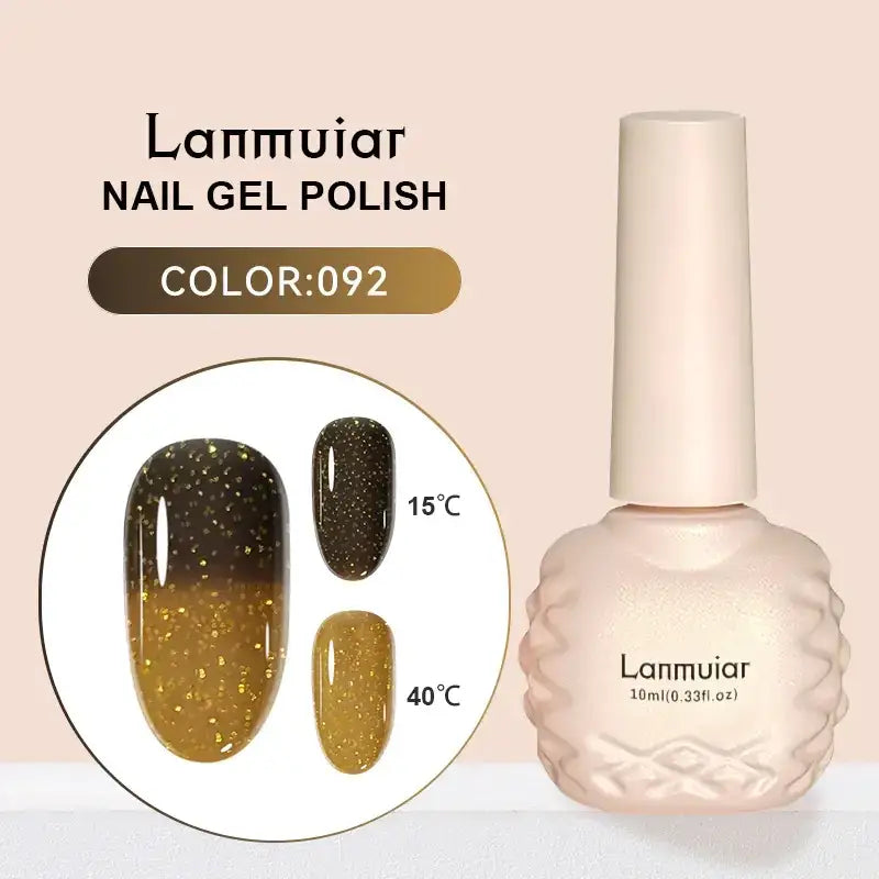 Lanmuiar nail gel polish in color 092, featuring a shimmering gradient from dark brown to golden yellow with glitter.
