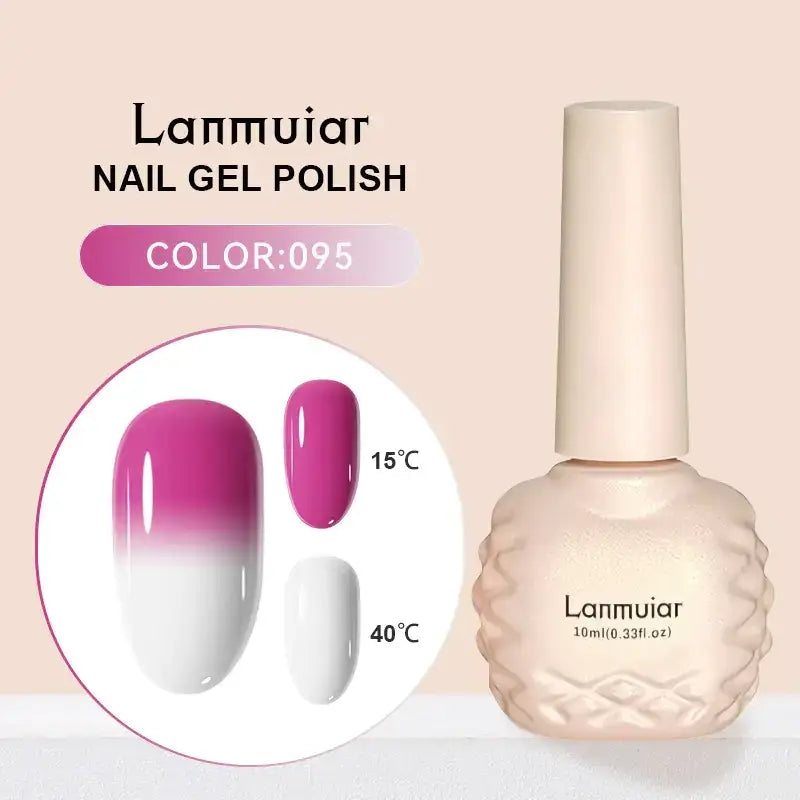 Lanmuiar nail gel polish in a 10ml bottle with a textured, cream-colored body and matching cap.