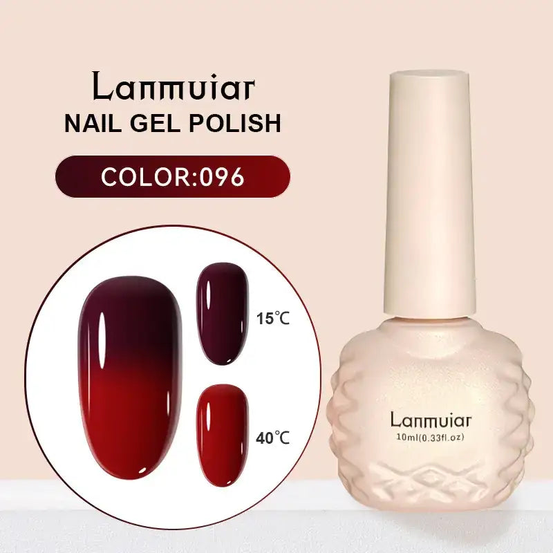 Lanmuiar nail gel polish in a 10ml bottle with an embossed textured base and matching cap, featuring color #096—a deep red gradient that transitions to dark burgundy.